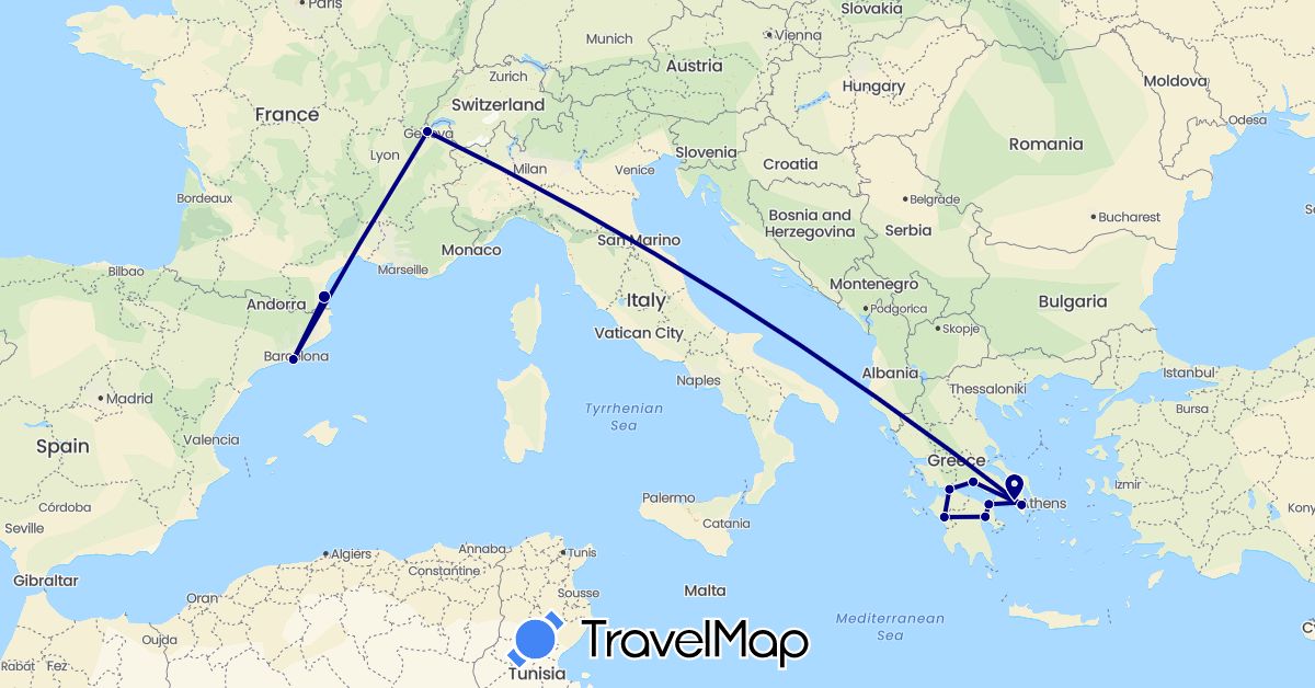 TravelMap itinerary: driving in Switzerland, Spain, France, Greece (Europe)